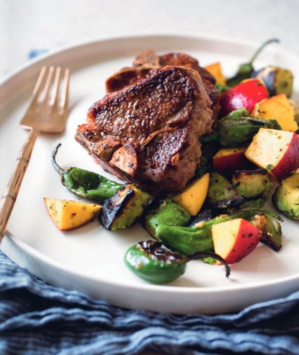 Roasted rack of lamb with peaches, padróns, and avocado [Brian Christopher & Caleb Vasquez, DOC/Yakuza]