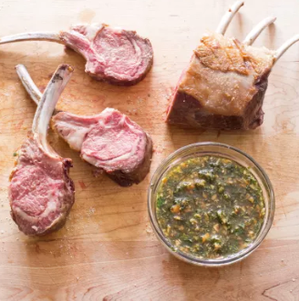 Roasted rack of lamb with sweet mint-almond relish