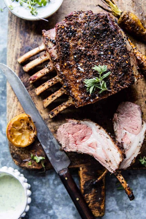 Roasted rack of lamb with basil honey goat cheese sauce