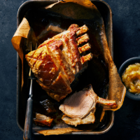 Roasted rack of pork with spiced apple and pear sauce