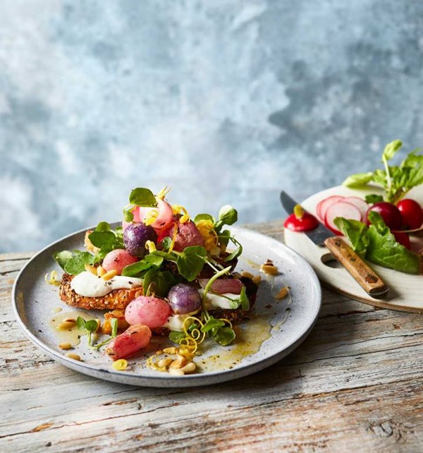 Roasted radish & goats' cheese bruschetta with watercress