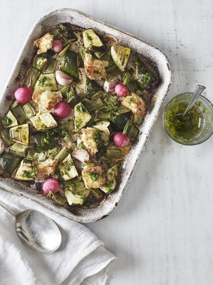 Roasted radish & runner bean traybake