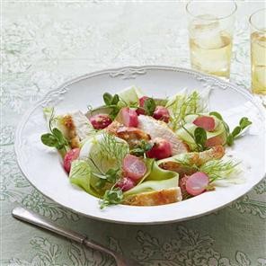 Roasted radish, chicken and pickled vegetable salad