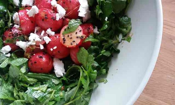 Roasted radishes and greens with miso-brown butter dressing