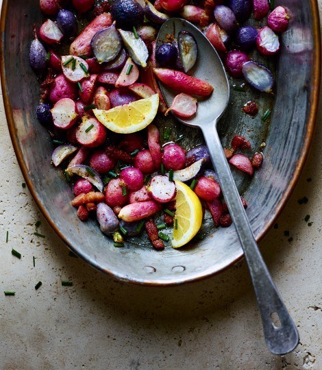 Roasted radishes in brown anchovy butter
