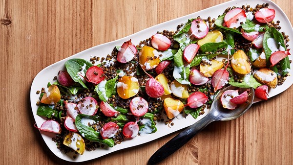 Roasted radishes, potatoes and crispy lentils