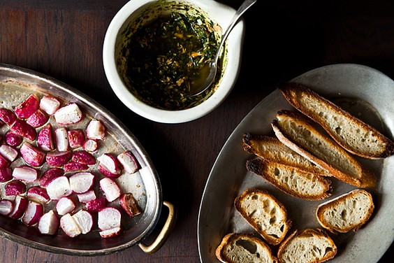 Roasted radishes with almond salsa verde