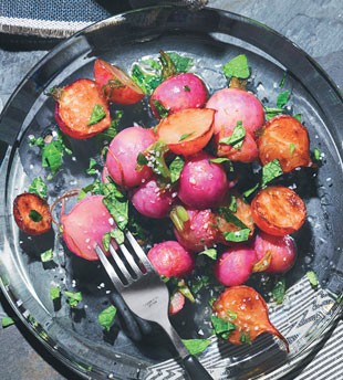 Roasted radishes with brown butter, lemon, and radish tops