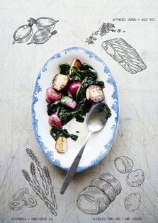 Roasted radishes with their greens and white wine