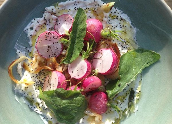 Roasted radishes with whipped feta, brown butter leeks and poppy seeds