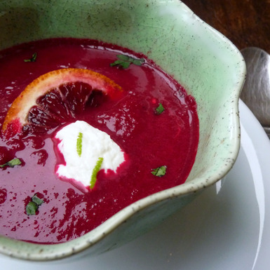 Roasted red beet, blood orange and ginger soup with orange crème fraîche