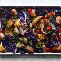 Roasted red cabbage, sausage and tomato traybake