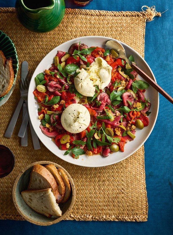 Roasted red capsicums, burrata, rare beef and crisp crumbs