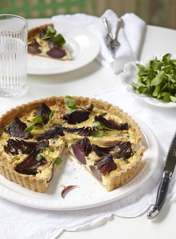 Roasted red onion and blue cheese tart