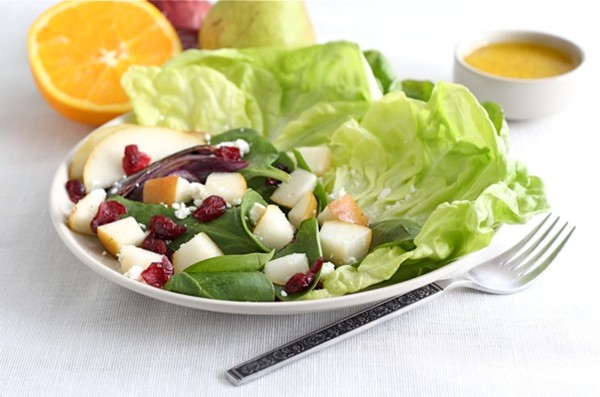 Roasted red onion and pear salad