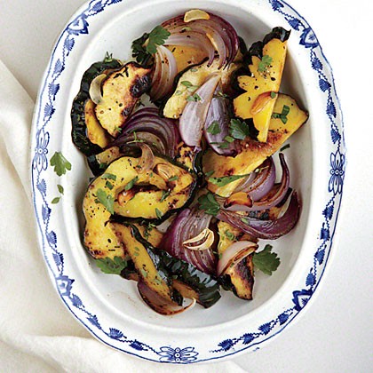 Roasted red onions and delicata squash