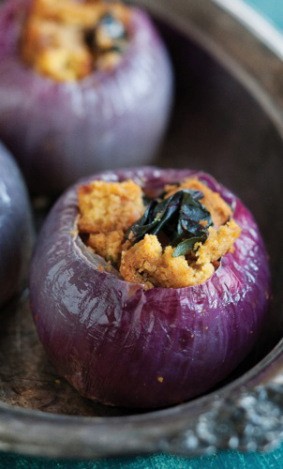 Roasted red onions with pumpkin-rosemary stuffing and root vegetable gravy