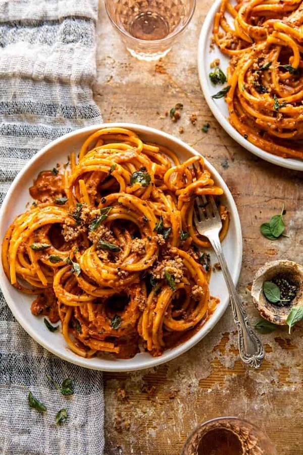 Roasted red pepper alla vodka pasta with cheesy oregano breadcrumbs