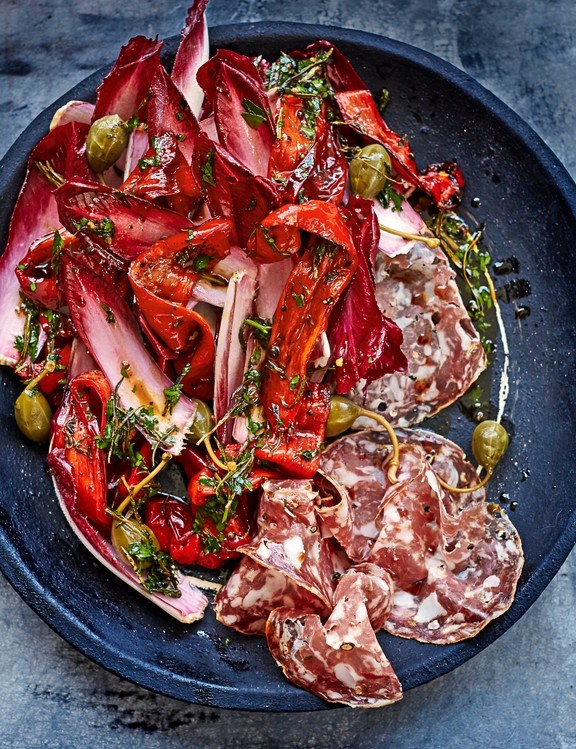 Roasted red pepper and chicory with caper berries and salami