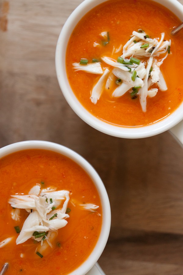 Roasted red pepper and heirloom tomato soup with crab