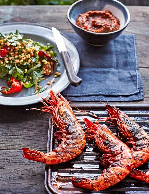 Roasted red pepper and pearl barley with barbecued prawns