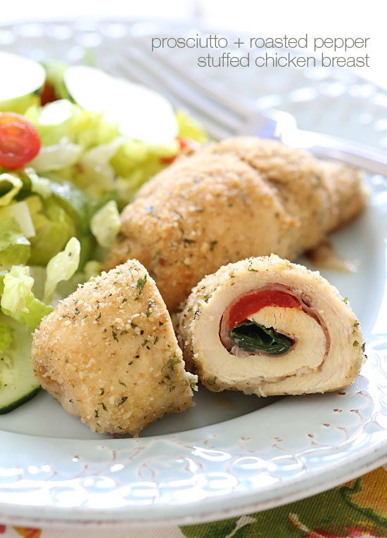 Roasted red pepper and prosciutto stuffed chicken breast
