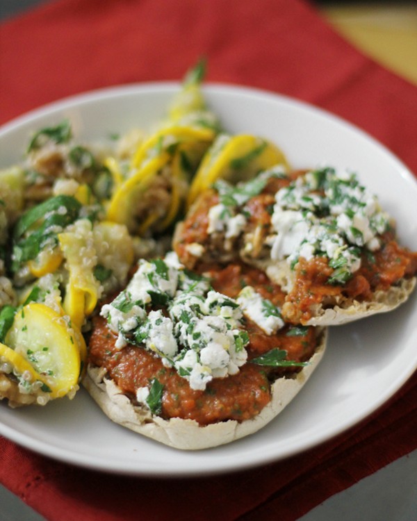 Roasted red pepper and sun-dried tomato bruschetta with toasted pine-nut puree and goat cheese gremolata