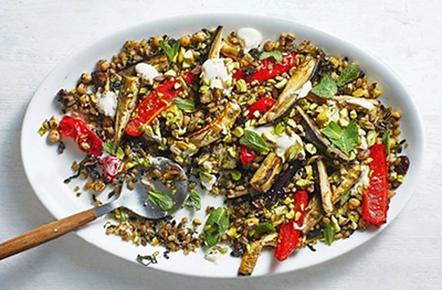 Roasted red pepper, aubergine & freekeh salad