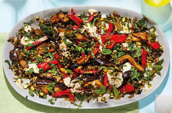 Roasted red pepper, aubergine & freekeh salad