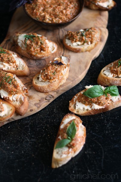 Roasted red pepper, basil, and almond pesto crostini