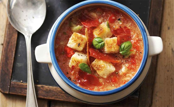 Roasted red pepper gazpacho with serrano crisps