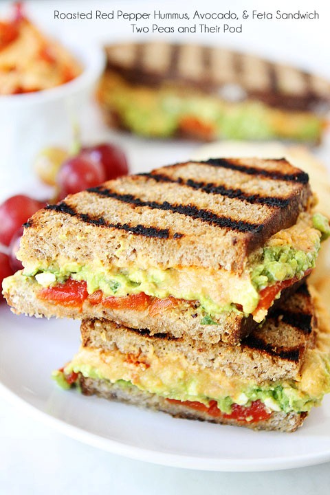 Roasted red pepper hummus, avocado, & feta sandwich