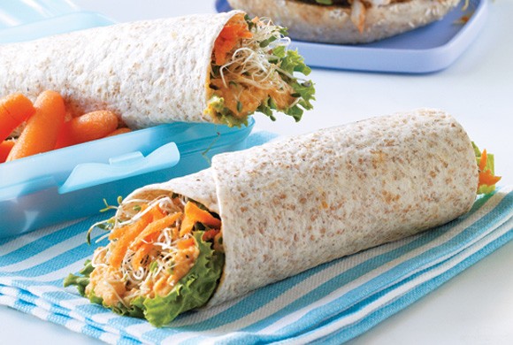 Roasted red pepper hummus on tortillas