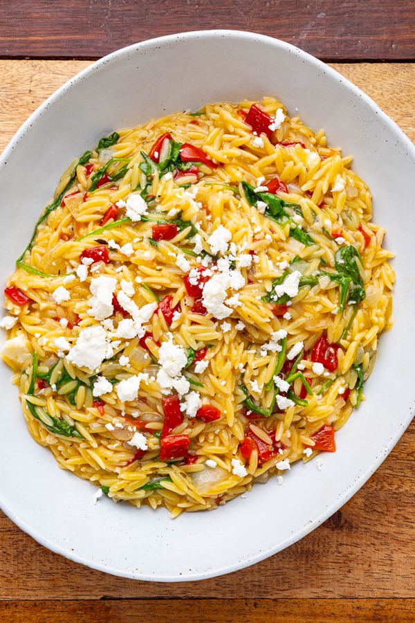 Roasted red pepper orzo