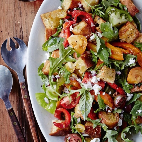 Roasted red pepper panzanella with arugula and goat cheese