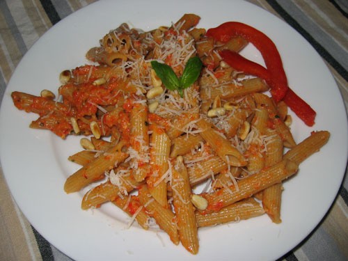 Roasted red pepper pesto on penne