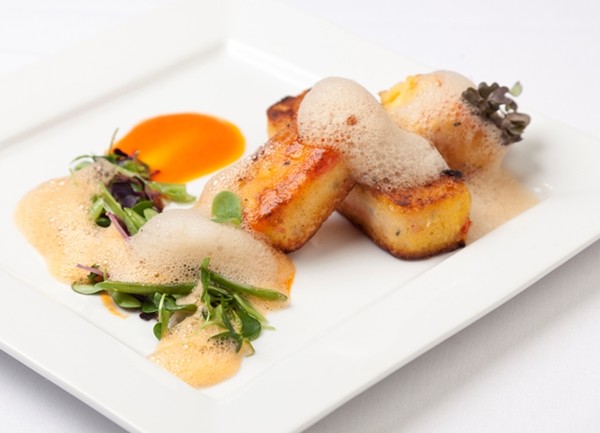Roasted red pepper polenta with red pepper purée, green beans and soy foam