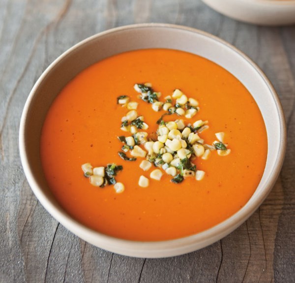 Roasted red pepper purée with spicy corn salsa
