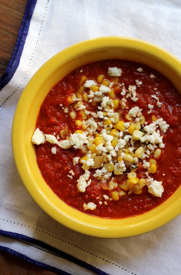 Roasted red pepper soup with corn and feta