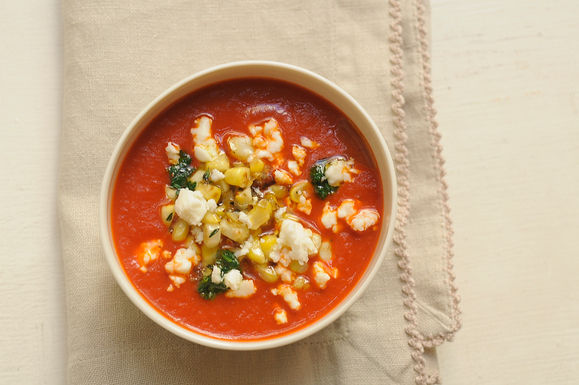 Roasted red pepper soup with corn and cilantro
