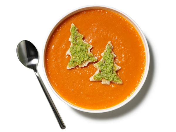Roasted red pepper soup with broccoli pesto trees