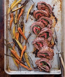 Roasted red pepper, spinach & Asiago stuffed flank steak with brown-sugared carrots