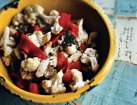 Roasted red peppers and cauliflower with caper vinaigrette