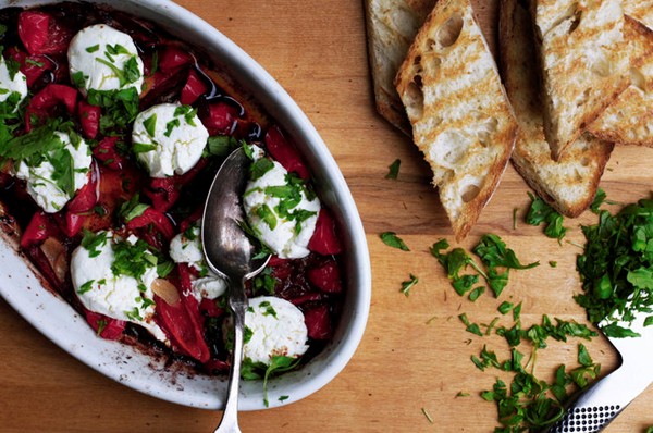 Roasted red peppers with anchovies, garlic, and goat cheese