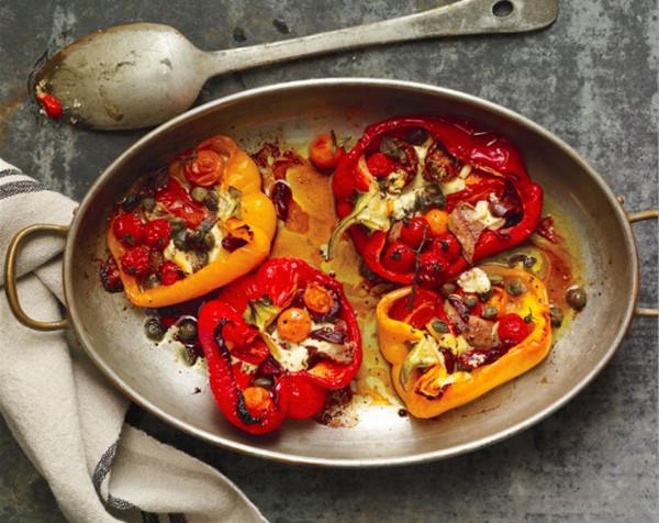 Roasted red peppers with anchovies and tomatoes
