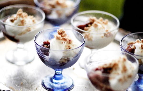 Roasted rhubarb coupe with macadamia crumble