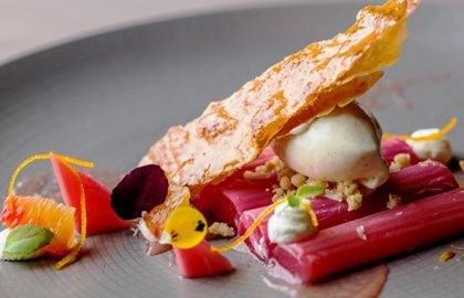 Roasted rhubarb, orange and crystallised puff pastry