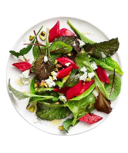 Roasted rhubarb salad with goat cheese and pistachios