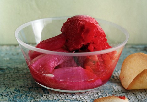 Roasted rhubarb with rose water and strawberry sorbet
