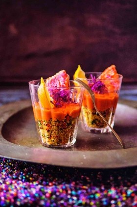 Roasted root vegetable and preserved lemon couscous with romesco sauce and red mullet